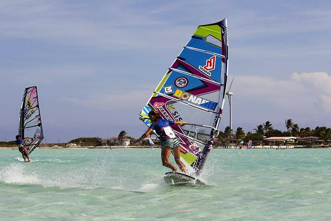 Laura on the slide - PWA World Cup Bonaire 2011 &copy;  John Carter / PWA http://www.pwaworldtour.com
